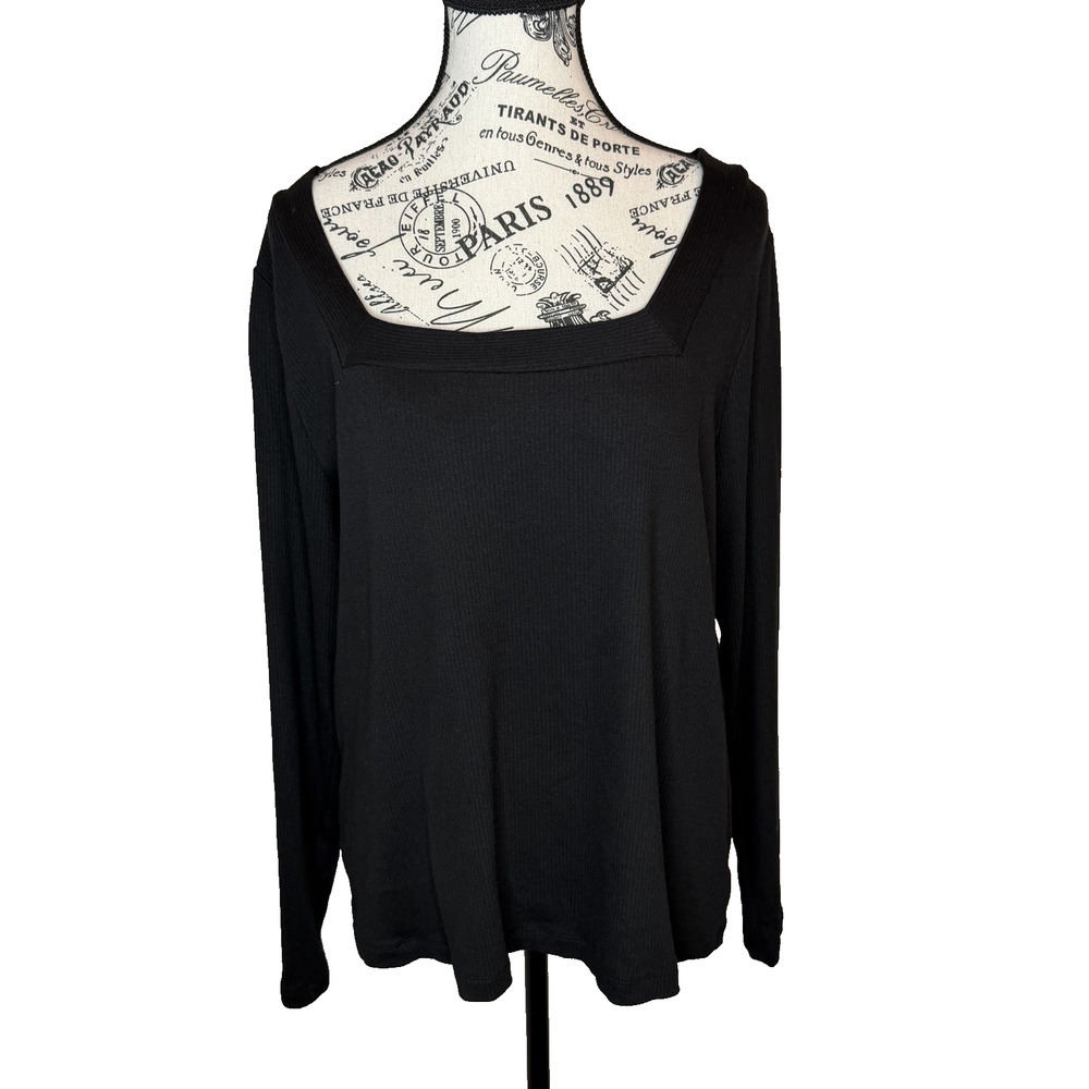 Terra & Sky Women’s Long Sleeve Ribbed Black Top Size 1X Square Neck Stretch